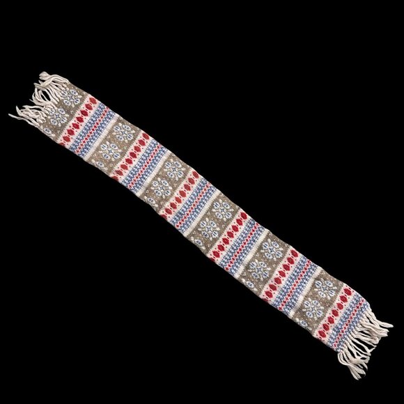 Vintage Knit Scarf 1980s Acrylic USA Fringe Winter Red Blue Tan Folk Retro - Picture 2 of 7